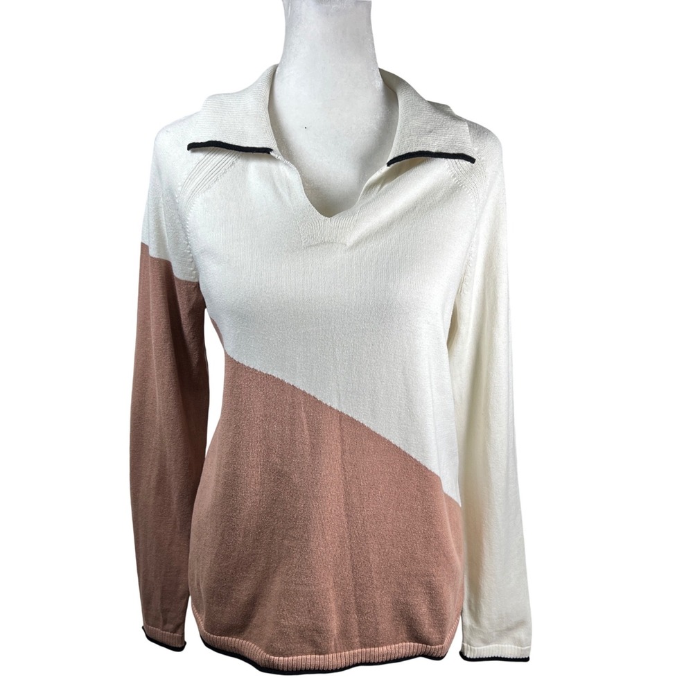 T by Talbots Colorblock Johnny Collar Sweater Womens Small Cream Tan Cotton Knit